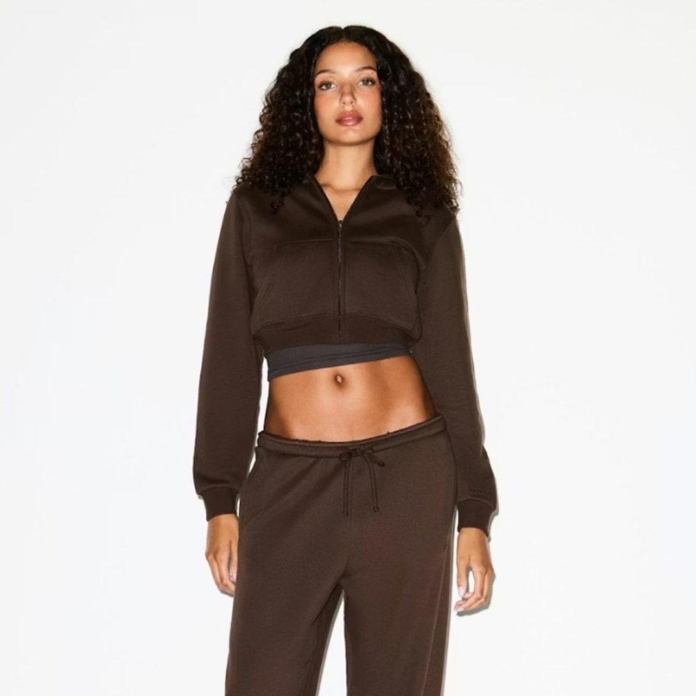 Skims Cotton Fleece Cropped Zip Up Hoodie XS
